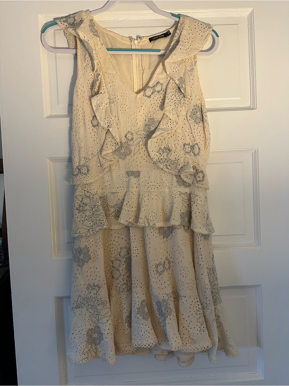 Love Sam Eyelet Ruffle Cream Dress with Silver Floral Embroidery, Size XS